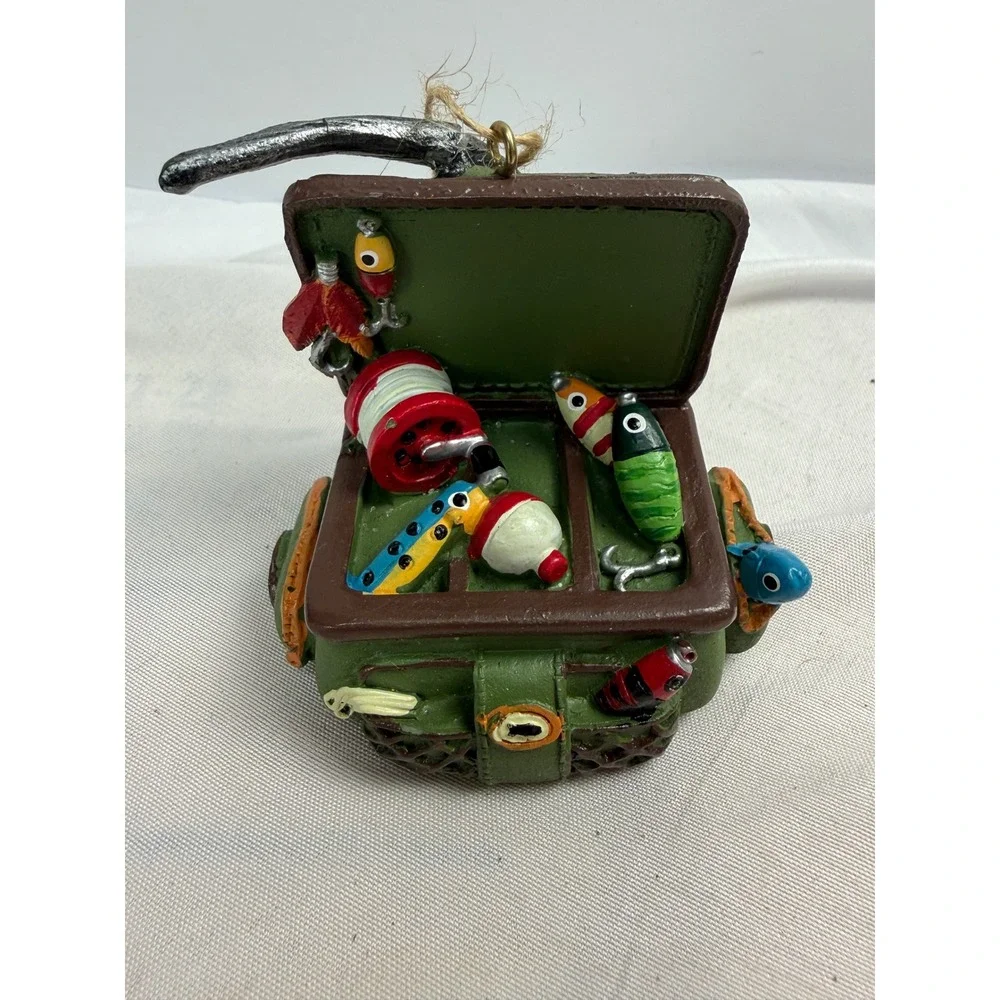 Fishing Tackle Box Christmas Ornament Resin Lures Reel Rod Cabin Decor Green